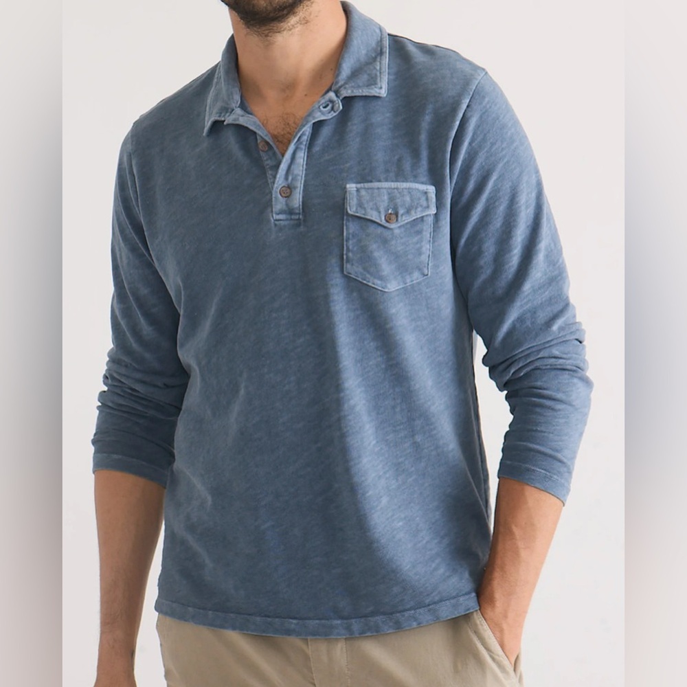 Marine Layer Blue/Grey Vintage Heavy Slub Polo Long Sleeve Shirt - NWOT -Size L - Picture 1 of 8